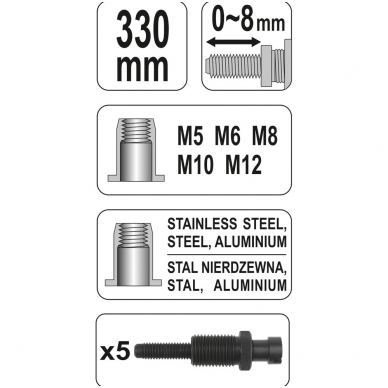 Kniediklis srieginėms kniedėms M5, M6, M8, M10, M12, 330mm ilgio 2