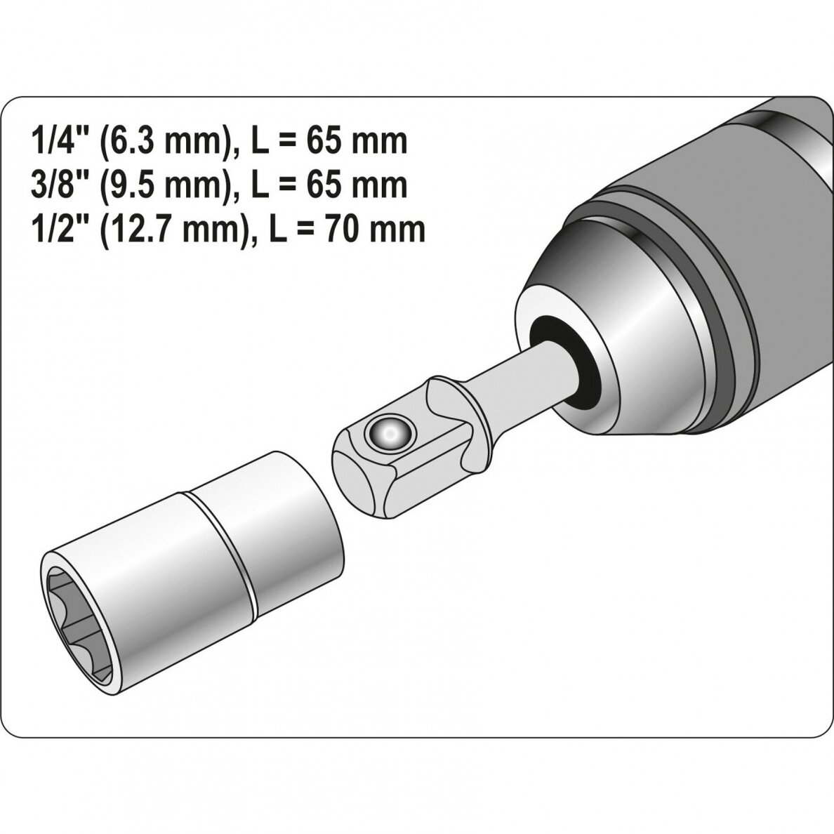 Adapterių komplektas 1/4" antgalis 1/4", 3/8", 1/2" 3vnt. YATO YT-04685 2