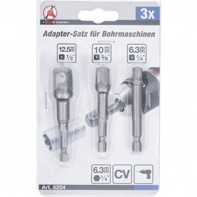 Adapterių komplektas 3vnt. galvutėms 1/4", 3/8" ir 1/2" 1 Adapterių komplektas 3vnt. galvutėms 1/4", 3/8" ir 1/2" 1