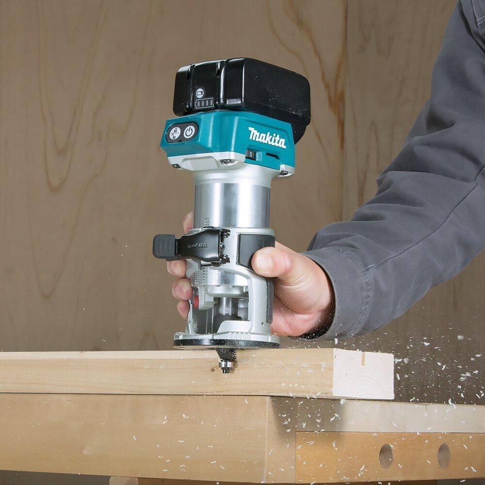 Akumuliatorinė freza Makita DRT50Z, 6/8 m + Šoninis ribotuvas 2 Akumuliatorinė freza Makita DRT50Z, 6/8 m + Šoninis ribotuvas 2