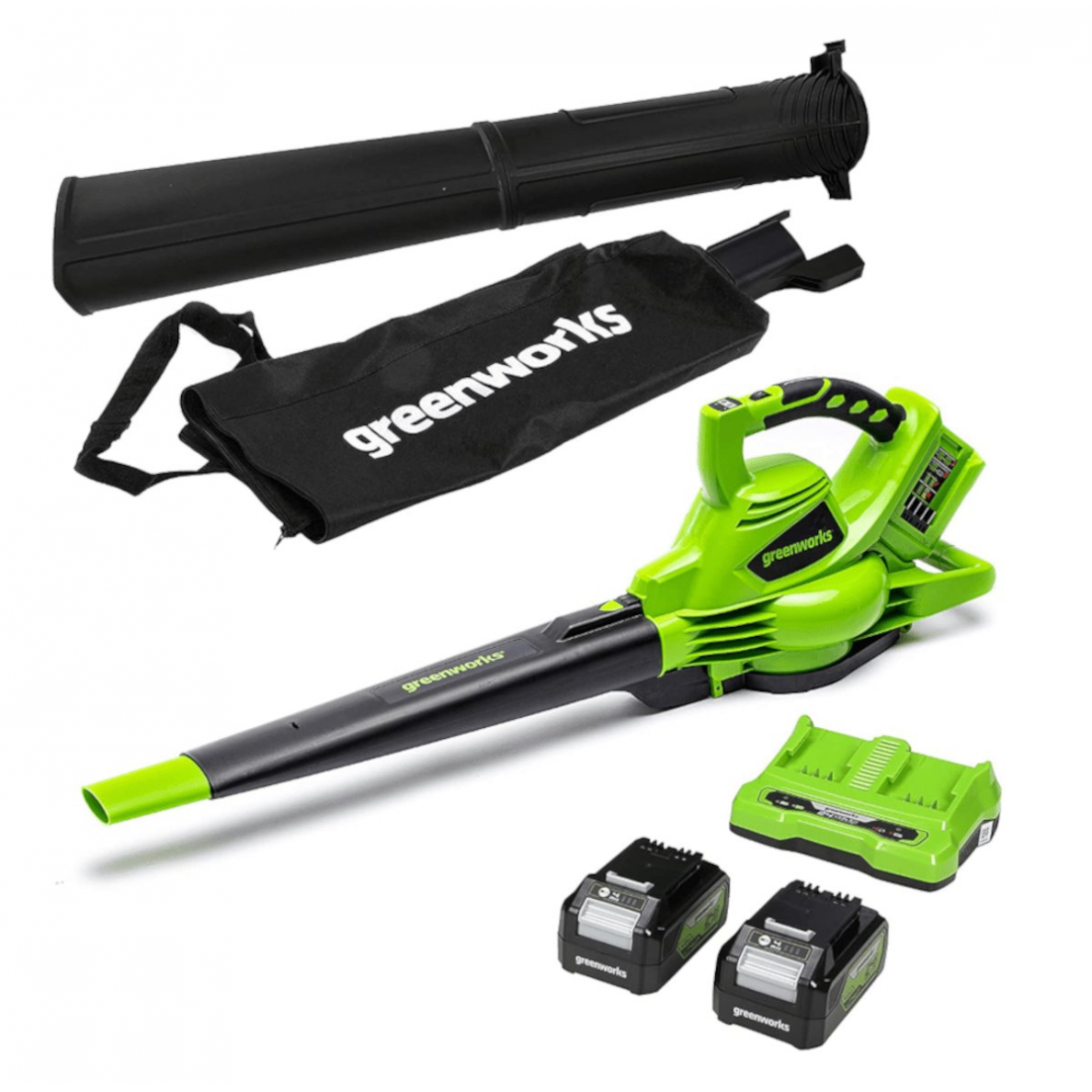 Akumuliatorinis lapų pūstuvas / siurblys Greenworks GD24X2BVK4X, 48V(2X24V), 2X4,0 Ah Akumuliatorinis lapų pūstuvas / siurblys Greenworks GD24X2BVK4X, 48V(2X24V), 2X4,0 Ah