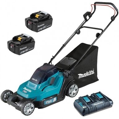 Akumuliatorinė vejapjovė Makita DLM432CT2 430mm 2x5,0Ah 36V 2x18V, dvigubas kroviklis Akumuliatorinė vejapjovė Makita DLM432CT2 430mm 2x5,0Ah 36V 2x18V, dvigubas kroviklis