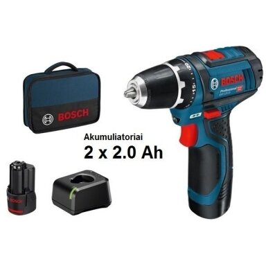 Akumuliatorinis gręžtuvas-suktuvas Bosch GSR 12V-15 + 2x2,0Ah Akumuliatorinis gręžtuvas-suktuvas Bosch GSR 12V-15 + 2x2,0Ah