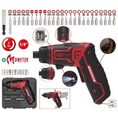 Akumuliatorinis suktuvas eMONSTER su 1/4´´ antgalais 27 vnt,, KS Tools Akumuliatorinis suktuvas eMONSTER su 1/4´´ antgalais 27 vnt,, KS Tools