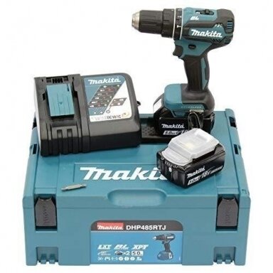Akumuliatorinis smūginis suktuvas gręžtuvas Makita DHP485RTJ 2x5.0Ah 18V Akumuliatorinis smūginis suktuvas gręžtuvas Makita DHP485RTJ 2x5.0Ah 18V