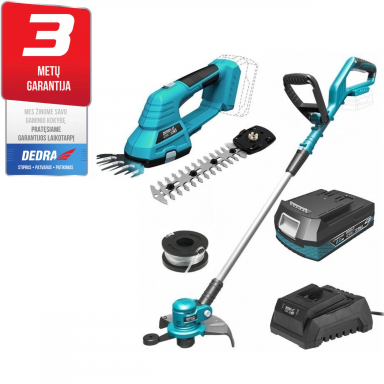 Akumuliatorinis trimeris + akumuliatorinės gyvatvorių ir žolės žirklės 2,0Ah 18V DEDRA SAS+ALL Akumuliatorinis trimeris + akumuliatorinės gyvatvorių ir žolės žirklės 2,0Ah 18V DEDRA SAS+ALL