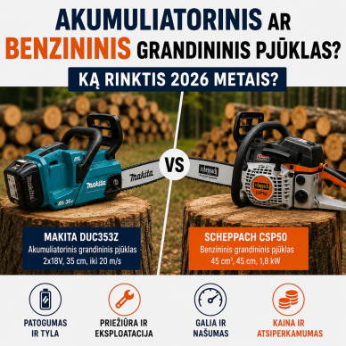 Akumuliatorinis ar benzininis grandininis pjūklas? Ką rinktis malkoms, sodui ir medžių pjovimui 2026 m. Akumuliatorinis ar benzininis grandininis pjūklas? Ką rinktis malkoms, sodui ir medžių pjovimui 2026 m.