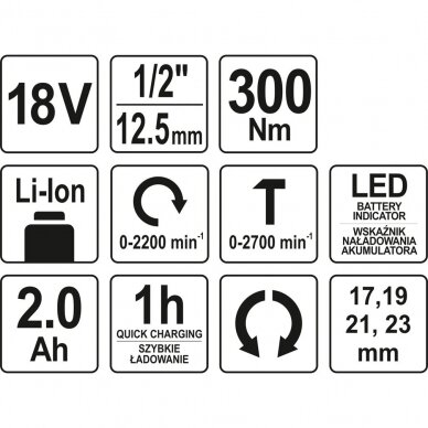 Akumuliatorinis smūginis veržliasūkis 1/2" 300Nm 18V 2.0Ah YATO 7