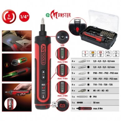 Akumuliatorinis suktuvas eMONSTER, komplektas su 1/4´´ antgaliais 27 vnt., KS Tools 2 Akumuliatorinis suktuvas eMONSTER, komplektas su 1/4´´ antgaliais 27 vnt., KS Tools 2