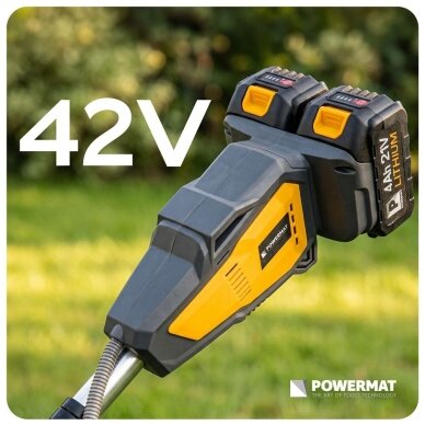 Akumuliatorinis Trimeris Žolei ir Krūmams 42V 38cm su 2x4.0Ah baterijomis Powermat 12 Akumuliatorinis Trimeris Žolei ir Krūmams 42V 38cm su 2x4.0Ah baterijomis Powermat 12