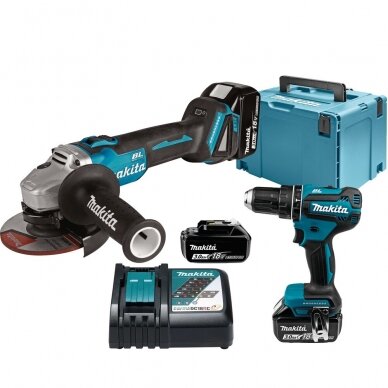 AKUMULIATORINIŲ ĮRANKIŲ KOMPLEKTAS MAKITA DLX2334J (DHP485Z+DGA504Z), 18V, 3X 3.0AH AKUMULIATORINIŲ ĮRANKIŲ KOMPLEKTAS MAKITA DLX2334J (DHP485Z+DGA504Z), 18V, 3X 3.0AH