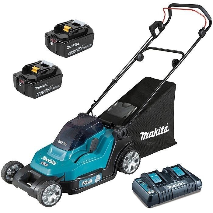 Akumuliatorinė vejapjovė Makita DLM432CT2 430mm 2x5,0Ah 36V 2x18V, dvigubas kroviklis Akumuliatorinė vejapjovė Makita DLM432CT2 430mm 2x5,0Ah 36V 2x18V, dvigubas kroviklis