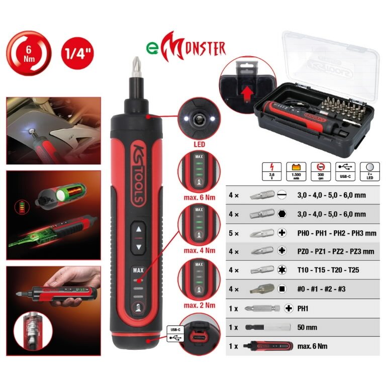 Akumuliatorinis suktuvas eMONSTER, komplektas su 1/4´´ antgaliais 27 vnt., KS Tools 2 Akumuliatorinis suktuvas eMONSTER, komplektas su 1/4´´ antgaliais 27 vnt., KS Tools 2