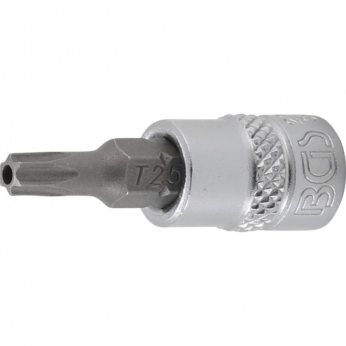 Antgalis T25 įpresuotas į galvutę 6.3mm 1/4" T-Star su skyle Torx T25 BGS 2360 Antgalis T25 įpresuotas į galvutę 6.3mm 1/4" T-Star su skyle Torx T25 BGS 2360