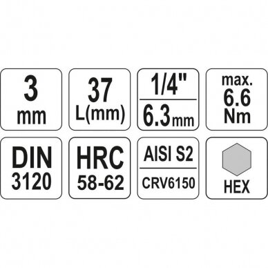 Antgalis H3 mm Hex šešiakampis įpresuotas į galvutę 1/4" YATO YT-04370 3 Antgalis H3 mm Hex šešiakampis įpresuotas į galvutę 1/4" YATO YT-04370 3
