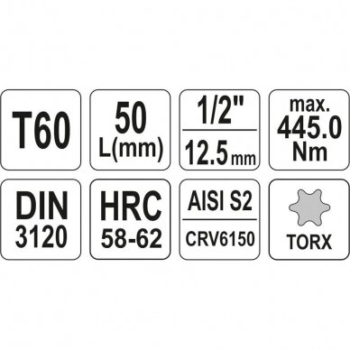 Antgalis įpresuotas į galvutę 1/2", T60 x 55mm 2 Antgalis įpresuotas į galvutę 1/2", T60 x 55mm 2