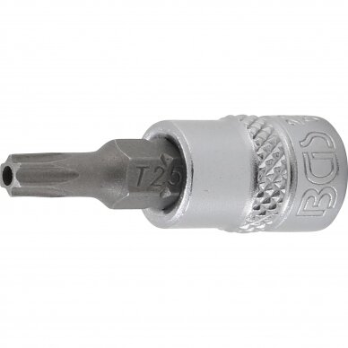 Antgalis T25 įpresuotas į galvutę 6.3mm 1/4" T-Star su skyle Torx T25 BGS 2360 Antgalis T25 įpresuotas į galvutę 6.3mm 1/4" T-Star su skyle Torx T25 BGS 2360