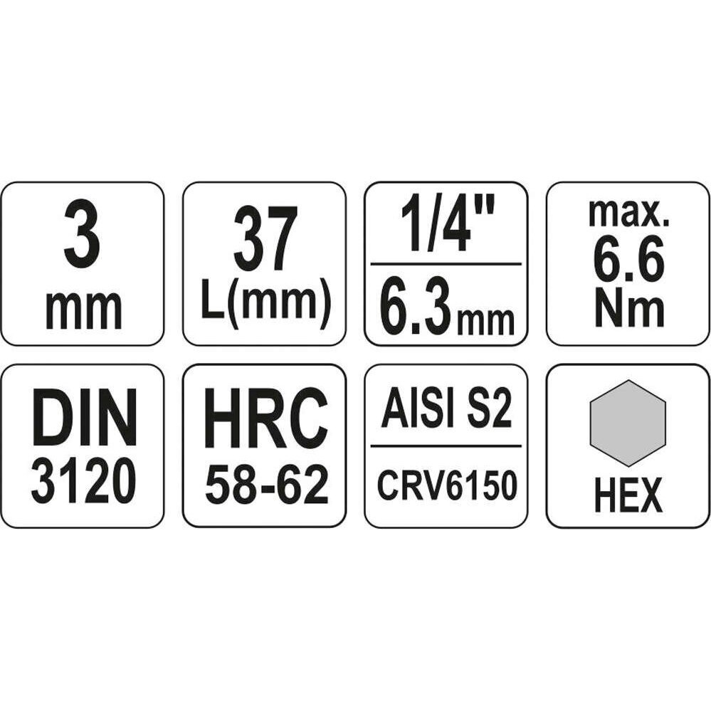 Antgalis H3 mm Hex šešiakampis įpresuotas į galvutę 1/4" YATO YT-04370 3 Antgalis H3 mm Hex šešiakampis įpresuotas į galvutę 1/4" YATO YT-04370 3