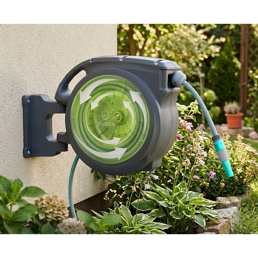 Automatinė sodo žarnos ritė WUBER 30 m su laikikliu 6 Automatinė sodo žarnos ritė WUBER 30 m su laikikliu 6