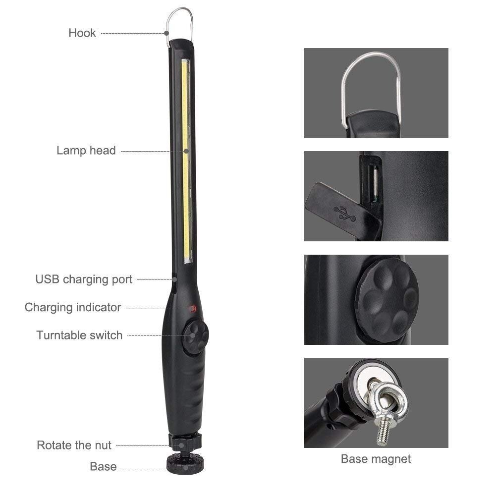 Darbo lempa COB-LED, itin plokščia, magnetinė, daug padėčių USB CSW581 6