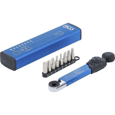 Dinamometrinis raktas | Vidinis šešiakampis 6,3 mm (1/4") | 2–10 Nm | su antgalių rinkiniu | 9 vnt. BGS
