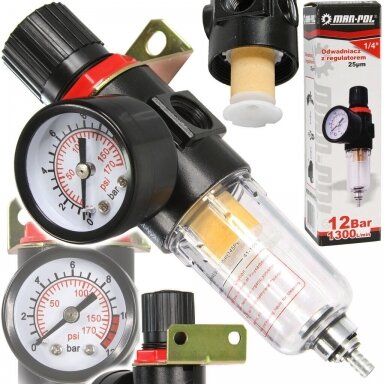 Drėgmės filtras su reguliatorium ir manometru 1/4" 12Bar 1300L/min Marpol M80693 Drėgmės filtras su reguliatorium ir manometru 1/4" 12Bar 1300L/min Marpol M80693