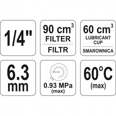 Drėgmės surinkėjas, reguliatorius su manometru ir tepaline 1/4" 2 Drėgmės surinkėjas, reguliatorius su manometru ir tepaline 1/4" 2