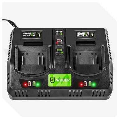 Dvigubas Li-Ion įkrovėjas WUBER 21,5 V | Visoms Share+ System baterijoms Dvigubas Li-Ion įkrovėjas WUBER 21,5 V | Visoms Share+ System baterijoms