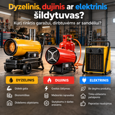 Dyzelinis, dujinis ar elektrinis šildytuvas – kurį rinktis garažui, dirbtuvėms ar sandėliui? Dyzelinis, dujinis ar elektrinis šildytuvas – kurį rinktis garažui, dirbtuvėms ar sandėliui?