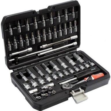 Galvučių su terkšle rinkinys 1/4", 56 vnt. Galvučių su terkšle rinkinys 1/4", 56 vnt.