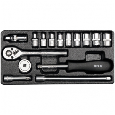 Galvučių su terkšle rinkinys 1/4", 15 vnt, metalinė dežutė 1 Galvučių su terkšle rinkinys 1/4", 15 vnt, metalinė dežutė 1
