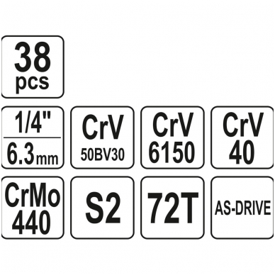 Galvučių su terkšle rinkinys 1/4" 38 vnt. 4 Galvučių su terkšle rinkinys 1/4" 38 vnt. 4