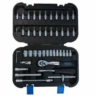 Galvučių su terkšle rinkinys 1/4", 46 vnt. 1 Galvučių su terkšle rinkinys 1/4", 46 vnt. 1