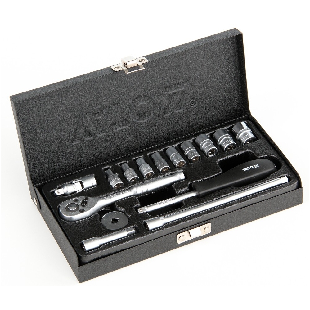 Galvučių su terkšle rinkinys 1/4", 15 vnt, metalinė dežutė Galvučių su terkšle rinkinys 1/4", 15 vnt, metalinė dežutė