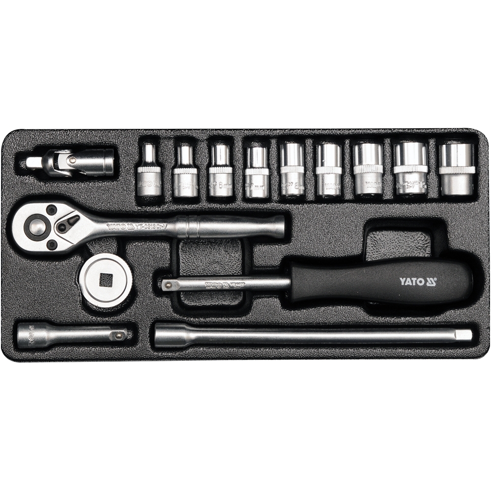 Galvučių su terkšle rinkinys 1/4", 15 vnt, metalinė dežutė 1 Galvučių su terkšle rinkinys 1/4", 15 vnt, metalinė dežutė 1
