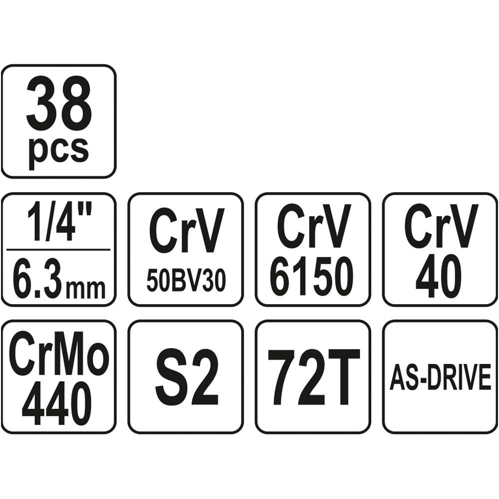 Galvučių su terkšle rinkinys 1/4" 38 vnt. 4 Galvučių su terkšle rinkinys 1/4" 38 vnt. 4