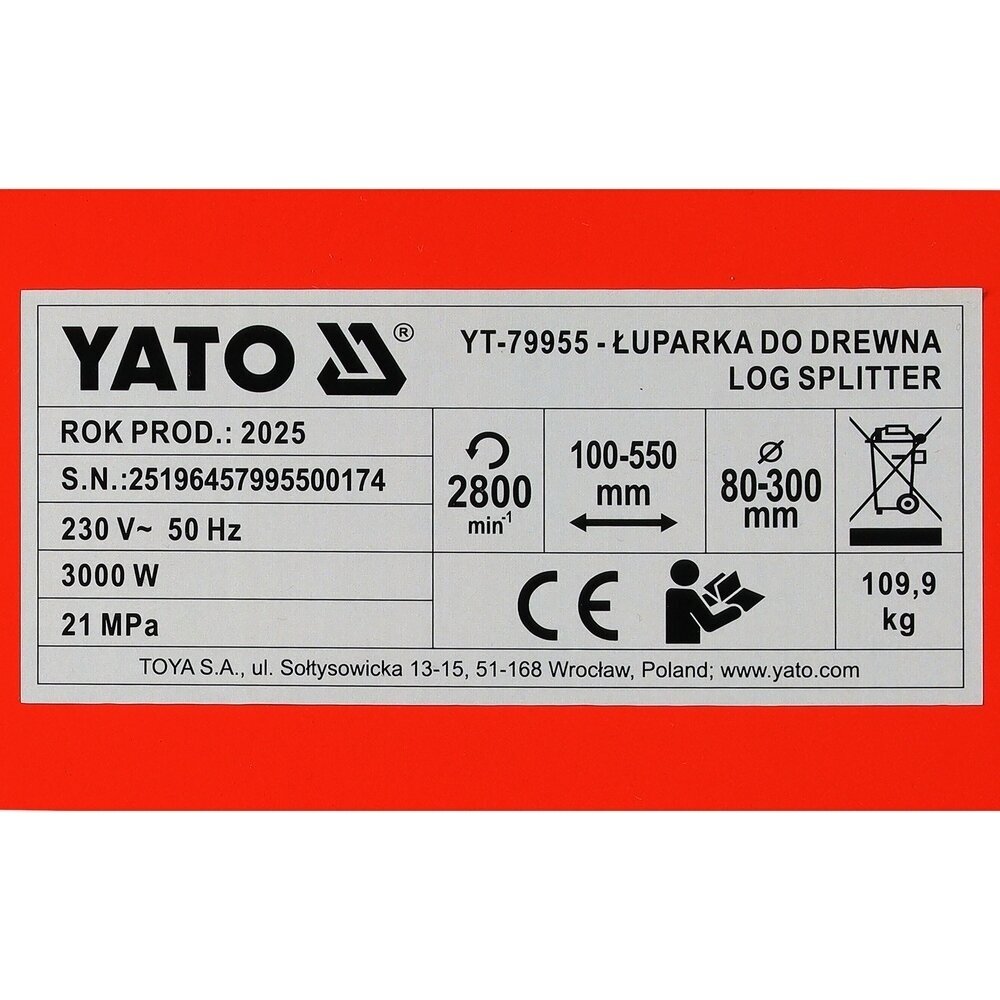 Hidraulinė malkų skaldyklė elektrinė | 3000W | 8T YATO YT-79955 12