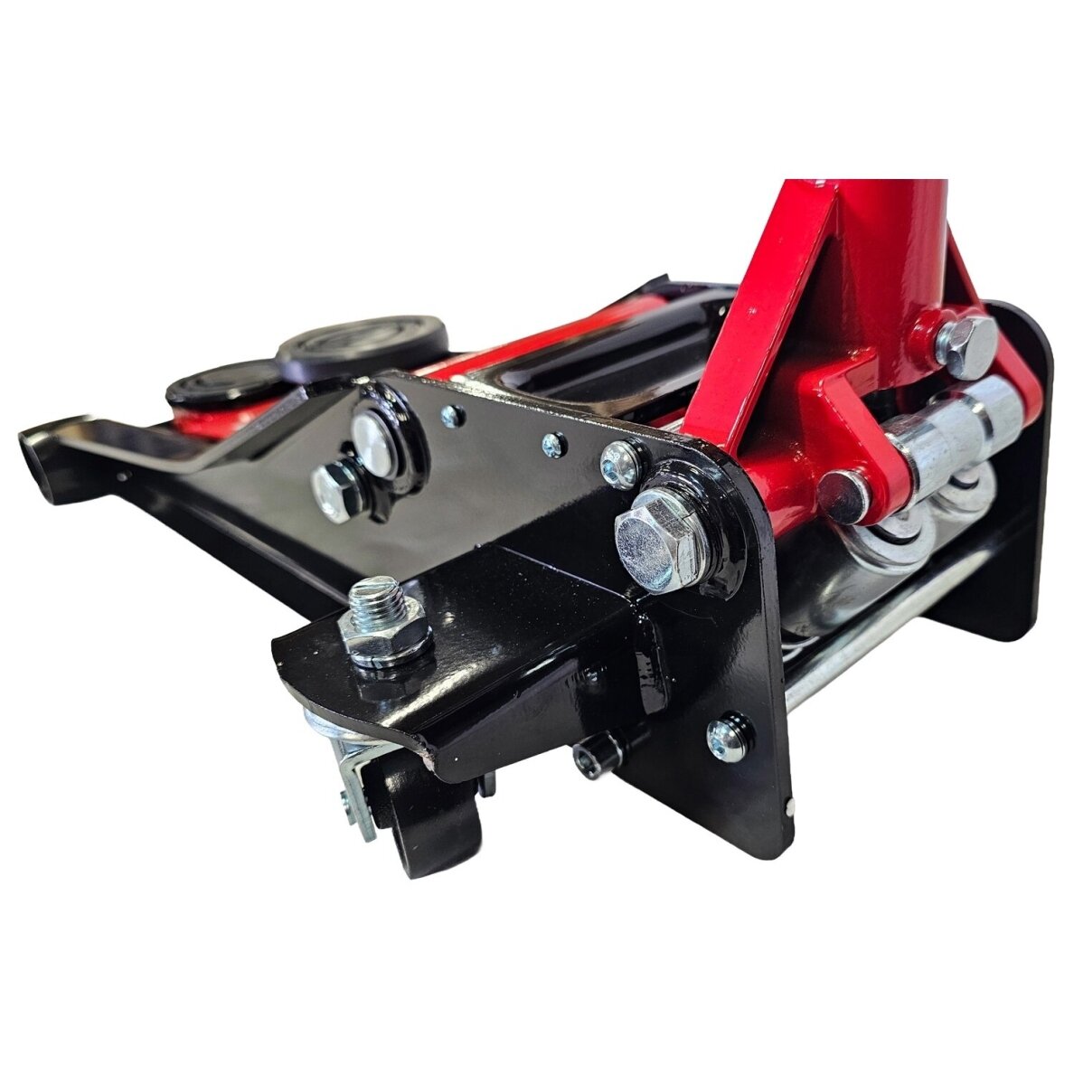 Hidraulinis domkratas su ratukais pažemintas su dvigubu stūmokliu 75 - 505mm, 4T 2 Hidraulinis domkratas su ratukais pažemintas su dvigubu stūmokliu 75 - 505mm, 4T 2