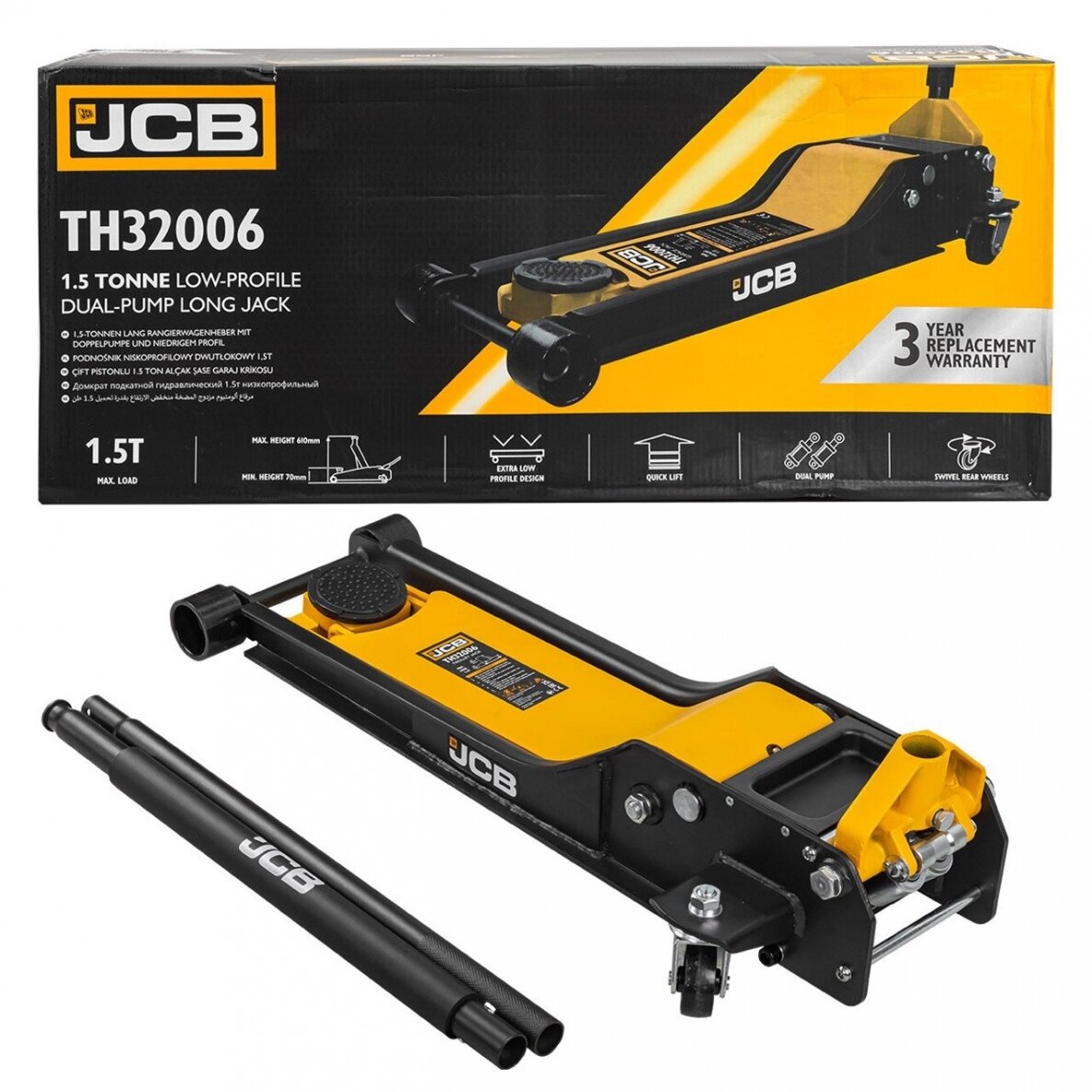 Hidraulinis domkratas žemo profilio su dviguba pompa 1.5T 70-610mm JCB TH32006 Hidraulinis domkratas žemo profilio su dviguba pompa 1.5T 70-610mm JCB TH32006