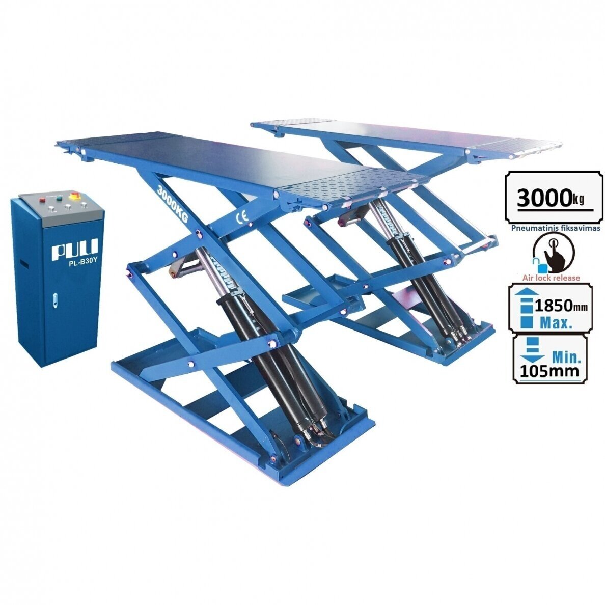 Hidraulinis keltuvas žirklinis 3T kėlimas iki 1,85m, 380V, PULI PLB30Y Hidraulinis keltuvas žirklinis 3T kėlimas iki 1,85m, 380V, PULI PLB30Y