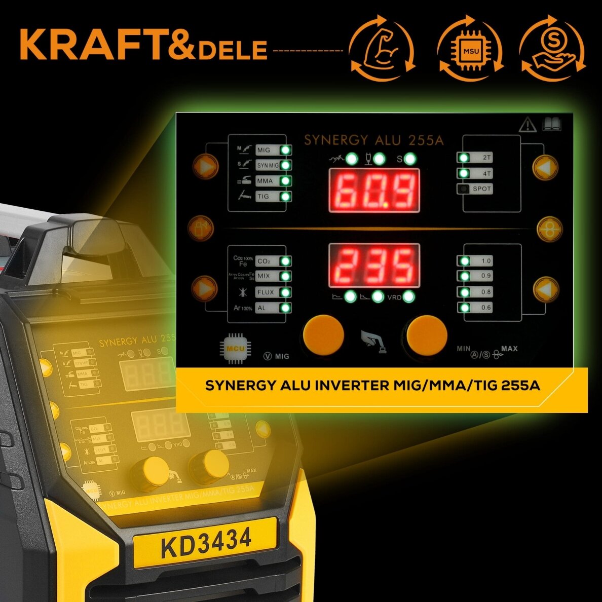 Inverterinis suvirinimo aparatas MIG FLUX MMA TIG Lift SYNERGIA 255A Kraft&Dele KD3434 13 Inverterinis suvirinimo aparatas MIG FLUX MMA TIG Lift SYNERGIA 255A Kraft&Dele KD3434 13