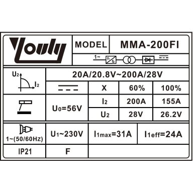 Inverterinis suvirinimo aparatas (IGBT) MMA YOULI YLMMA200FI Inverterinis suvirinimo aparatas (IGBT) MMA YOULI YLMMA200FI