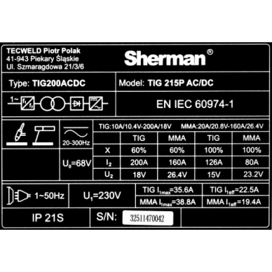 Inverterinis suvirinimo aparatas TIG 215P AC/DC Sherman 8 Inverterinis suvirinimo aparatas TIG 215P AC/DC Sherman 8