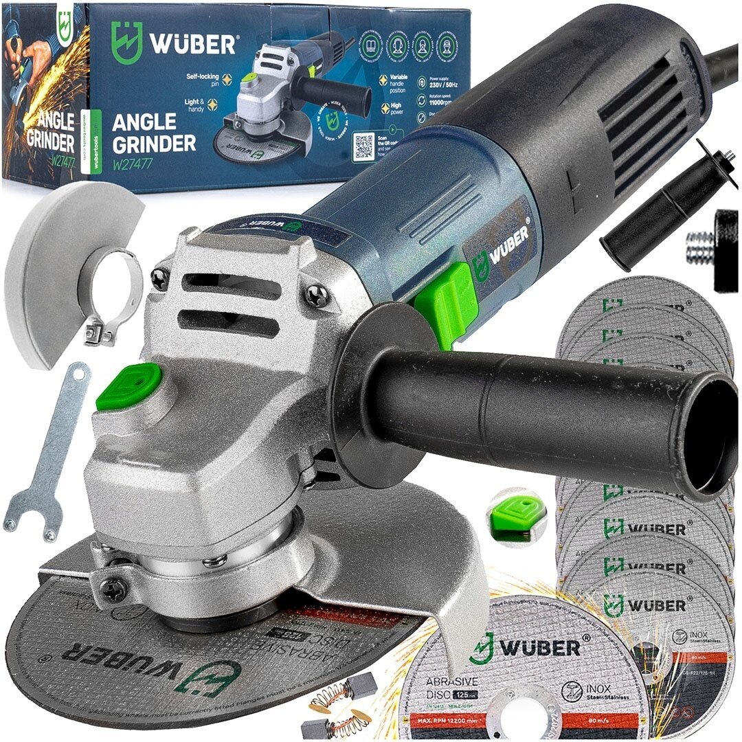 Kampinis šlifuoklis 125mm 1600W Wuber W27477 (+10 pjovimų diskų) Kampinis šlifuoklis 125mm 1600W Wuber W27477 (+10 pjovimų diskų)