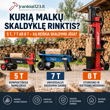 Kaip išsirinkti malkų skaldyklę? 5 t, 7 t, 8 t ar daugiau – ką reiškia skaldymo jėga? Kaip išsirinkti malkų skaldyklę? 5 t, 7 t, 8 t ar daugiau – ką reiškia skaldymo jėga?