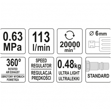Kampinis pneumatinis šlifuoklis 6mm YATO 4 Kampinis pneumatinis šlifuoklis 6mm YATO 4