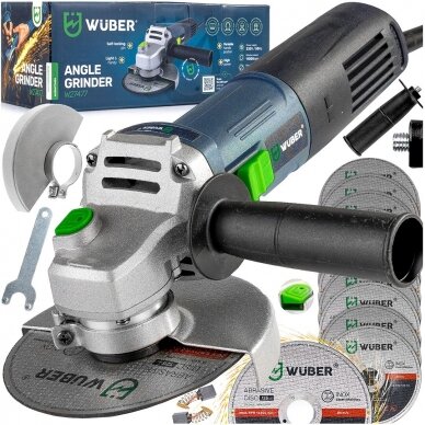 Kampinis šlifuoklis 125mm 1600W Wuber W27477 (+10 pjovimų diskų) Kampinis šlifuoklis 125mm 1600W Wuber W27477 (+10 pjovimų diskų)