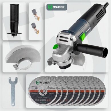 Kampinis šlifuoklis 125mm 1600W Wuber W27477 (+10 pjovimų diskų) 16 Kampinis šlifuoklis 125mm 1600W Wuber W27477 (+10 pjovimų diskų) 16