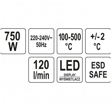 Karšto oro litavimo stotelė 750W, 500°C, Led ekranas su ventiliatoriumi YATO YT-82457 6