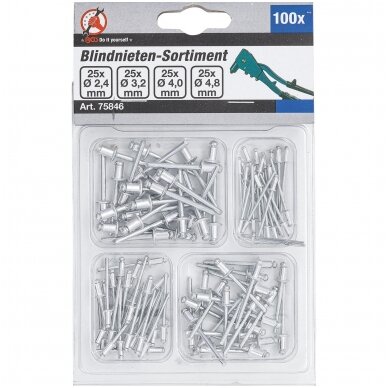 Kniedžių rinkinys 2.4 - 4.8 mm 100 vnt. 1 Kniedžių rinkinys 2.4 - 4.8 mm 100 vnt. 1
